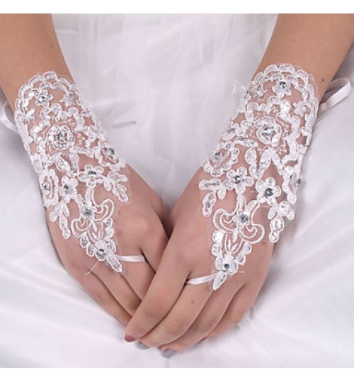 lady&#039;S White Lace Elastic Silk Flower Shape Tulle Fingerless Wrist Length Bridal Gloves for Wedding Party  