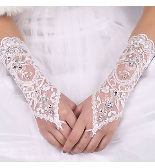 lady&#039;S White Lace Elastic Silk Flower Shape Tulle Fingerless Elbow Length Bridal Gloves for Wedding Party  