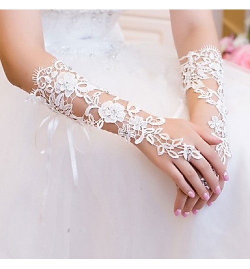 Elbow Length Fingerless Rhinestone Gloves Lace Wedding Gloves  