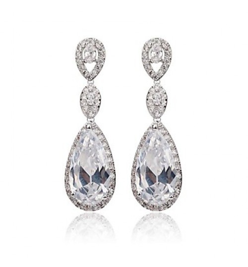 New Trendy White Gold Plated Cubic Zircon Long Drop Earrings For Women  