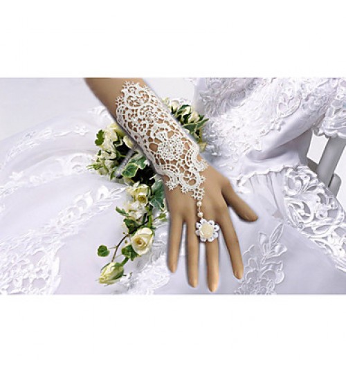 Lace Elbow Length Wedding/Party Glove with Pearl Adjustable Rose Ring(1 PCS)  