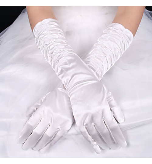 lady&#039;S White Lace Elastic Silk Flower Shape Tulle Fingertips Elbow Length Bridal Gloves for Wedding Party  