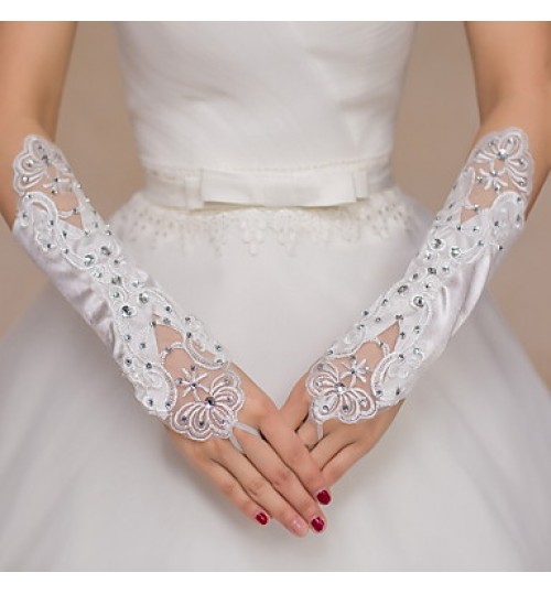 Elbow Length Fingerless Glove Satin / Lace Bridal Gloves / Party/ Evening Gloves Embroidery / Rhinestone  